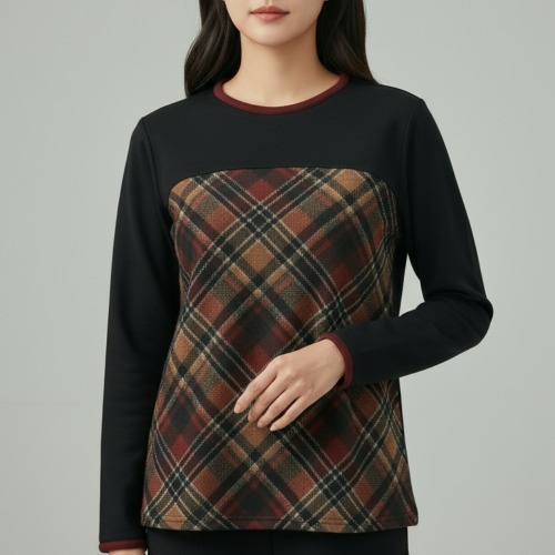 엄마옷 조이마담 T51828 더블체크 배색 티셔츠 중년여성의류 - 상품 이미지