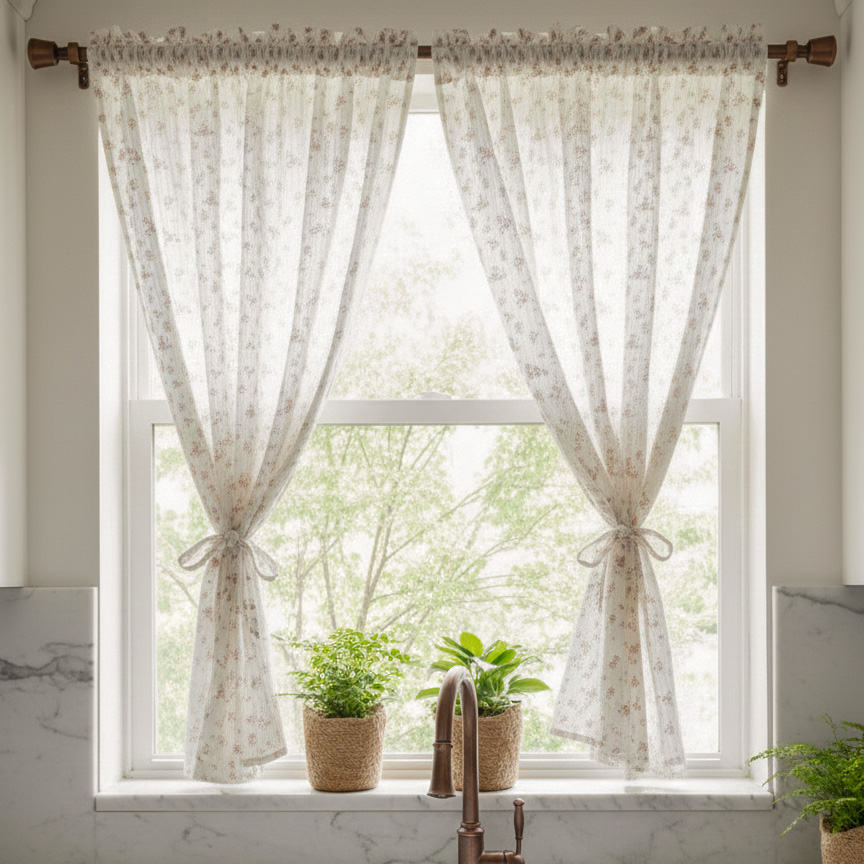 엘레나 워싱 순면 자수 창문 주방 중문 선반 문 가리개 바란스 커튼 A148x40cm