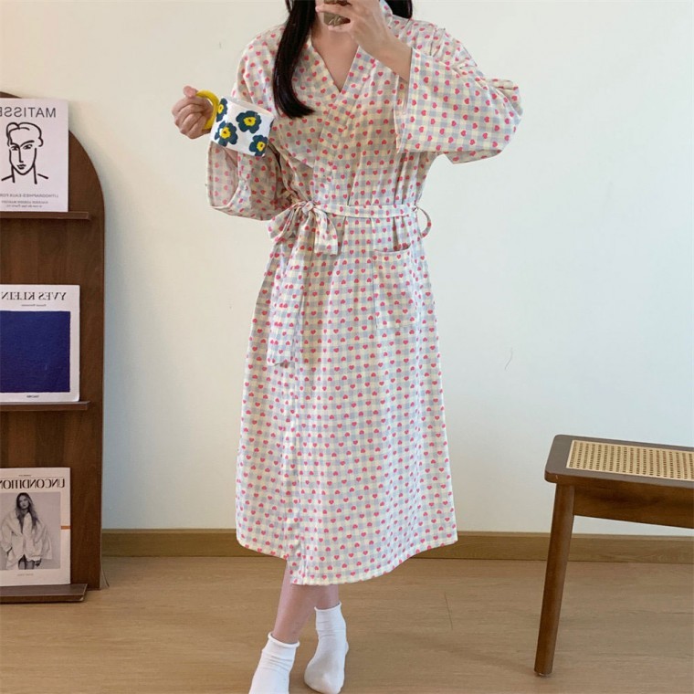 체크 하트 롱 샤워 잠옷 가운 LM-0675 - 상품 이미지