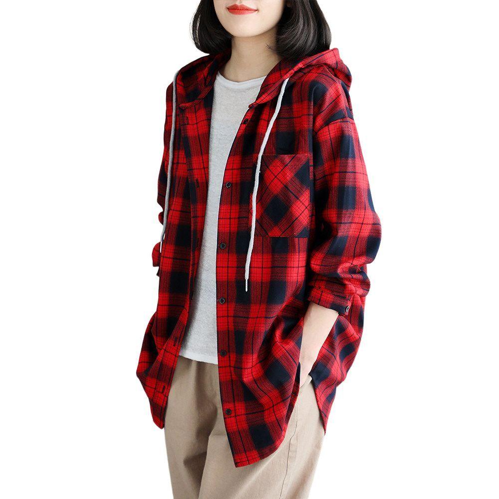 셔츠 나들이옷 가디건 루즈핏 빅사이즈 후드 체크 블라우스 네이비 체크 후드형 단일사이즈 - 상품 이미지