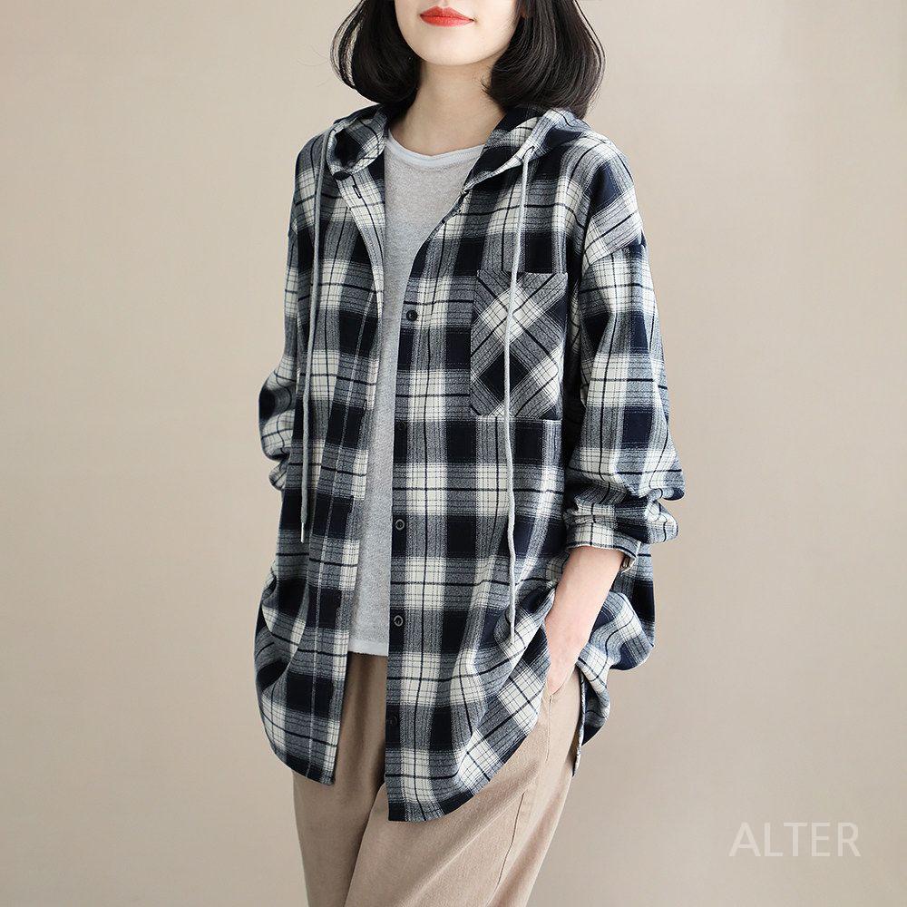 셔츠 나들이옷 가디건 루즈핏 빅사이즈 후드 체크 블라우스 네이비 체크 후드형 단일사이즈 - 상세 이미지 2