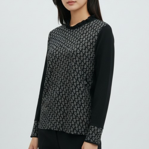 엄마옷 조이마담 T51831 페이즐 배색 셔링넥 티셔츠 중년여성의류 - 상품 이미지