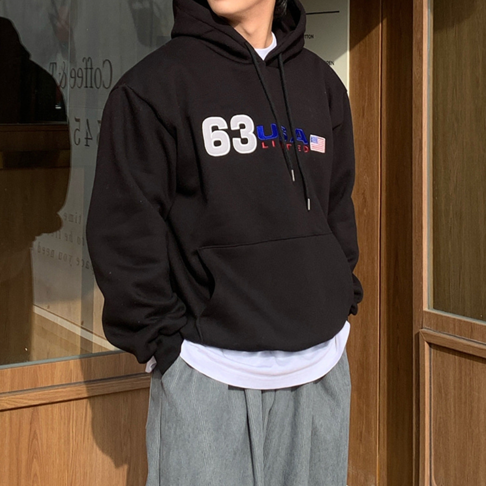 남자 63 오버핏 겨울 기모 자수 후드 티셔츠 - 상세 이미지 2
