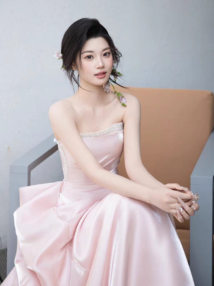핑크 새틴 튜브탑 셀프웨딩드레스 본식 이브닝 화보 롱드레스 - 상세 이미지 4