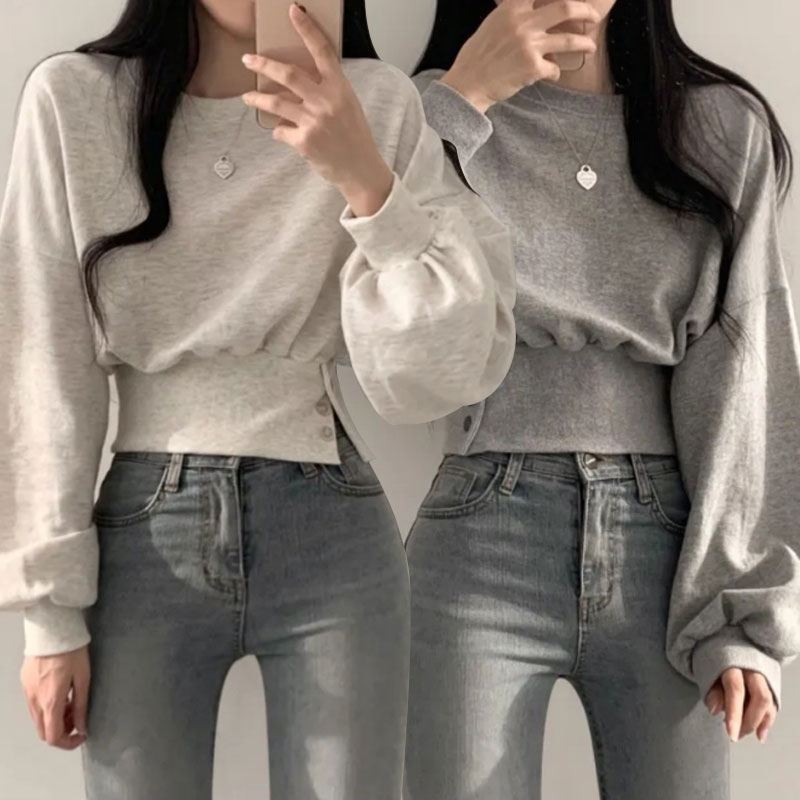 잘록한허리 슬림해보이는 사이드버튼 크롭 맨투맨티 - 상품 이미지