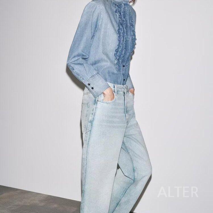 프릴 러플 데님 청남방 블루 블라우스 셔츠 러블리 라이트 블루 XS - 상세 이미지 3