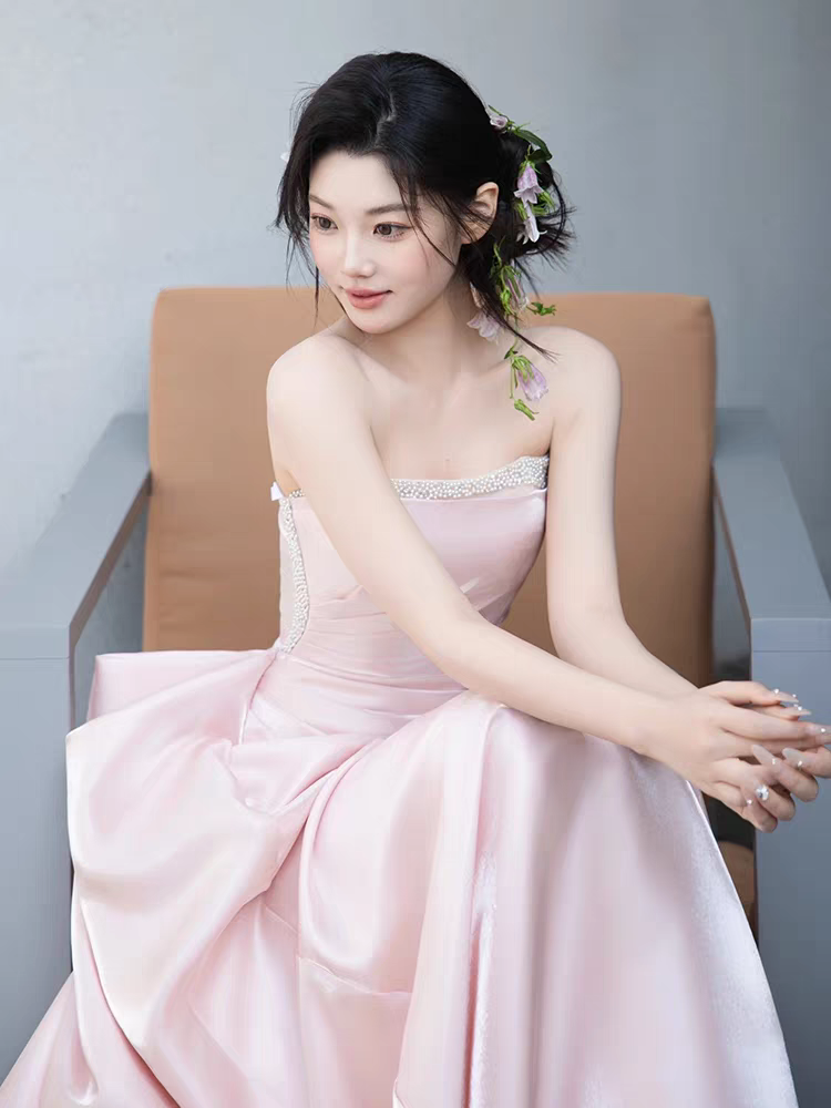핑크 새틴 튜브탑 셀프웨딩드레스 본식 이브닝 화보 롱드레스 - 상세 이미지 2