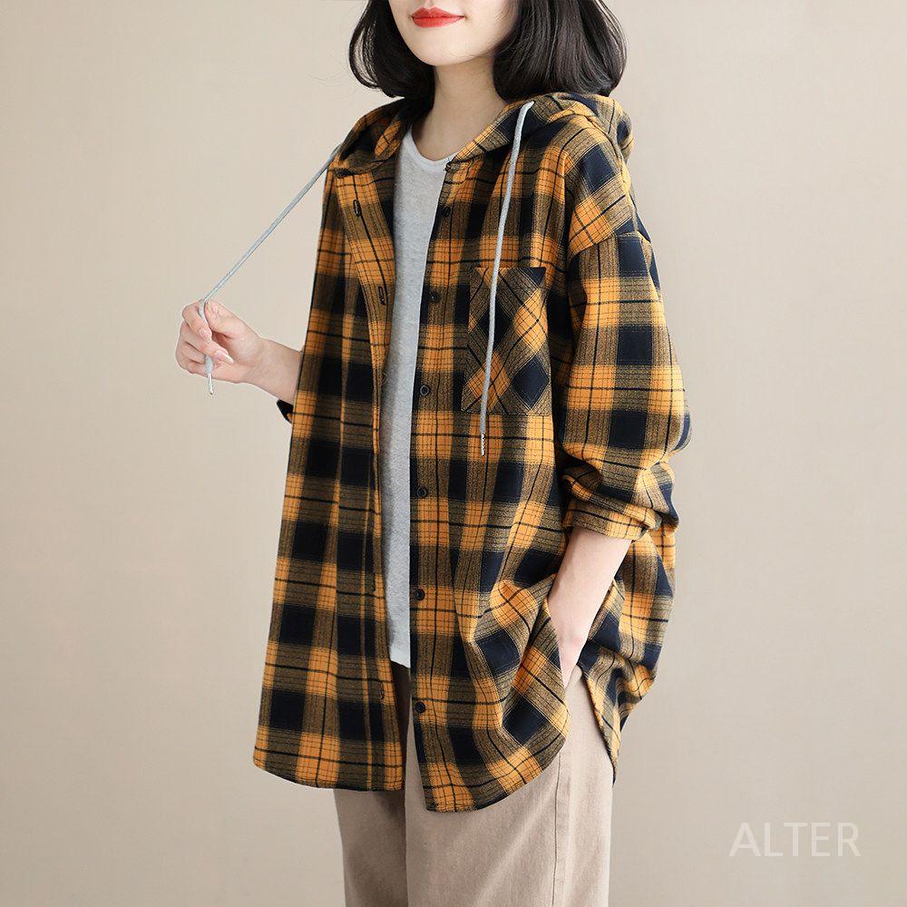 셔츠 나들이옷 가디건 루즈핏 빅사이즈 후드 체크 블라우스 네이비 체크 후드형 단일사이즈 - 상세 이미지 3