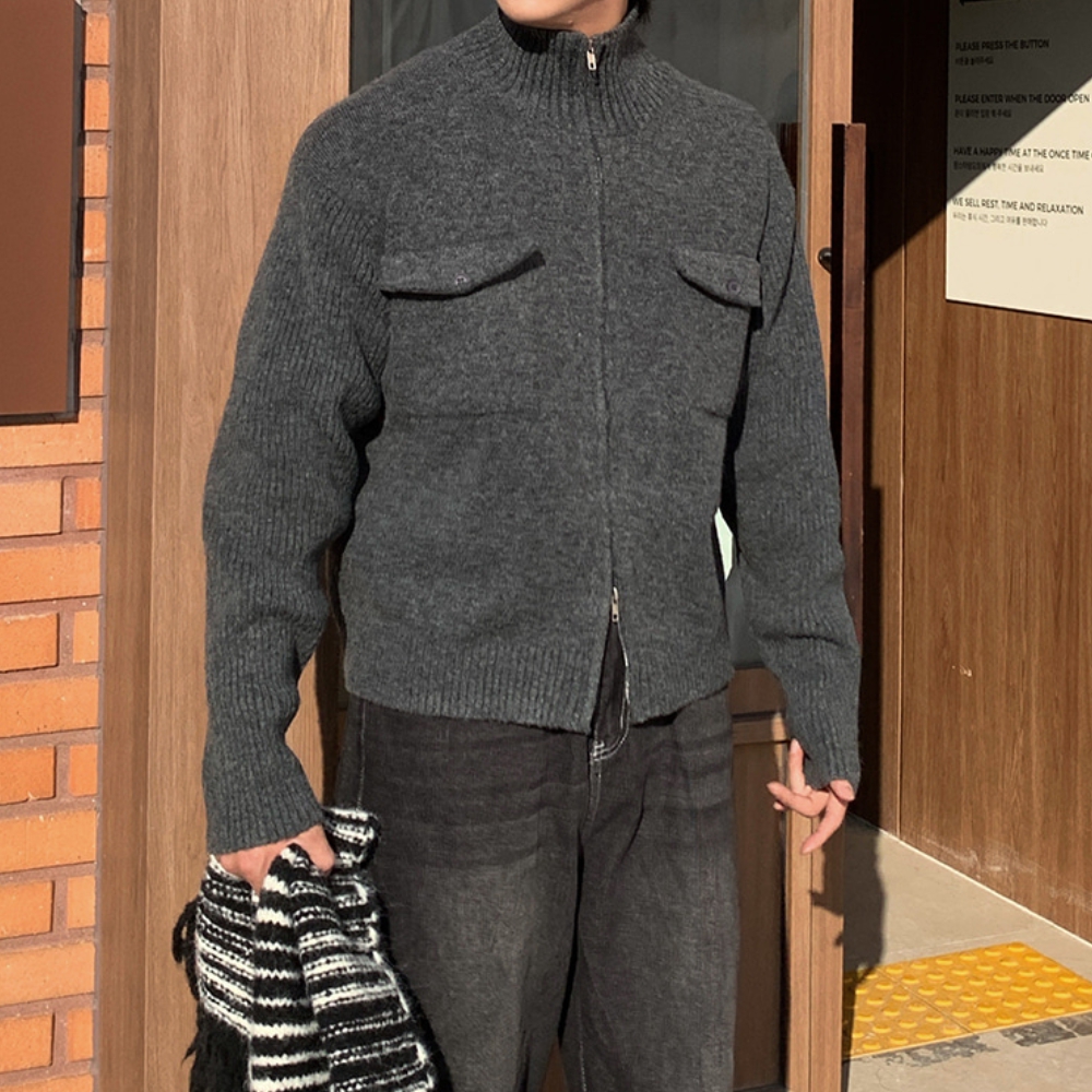 남자 라노 오버핏 가을 겨울 하이넥 니트 집업 - 상세 이미지 2