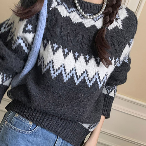 라운드넥 여성 니트탑 깔끔한 노르딕 루즈핏 티셔츠 꽈배기 캐주얼 데일리룩 - 상세 이미지 2