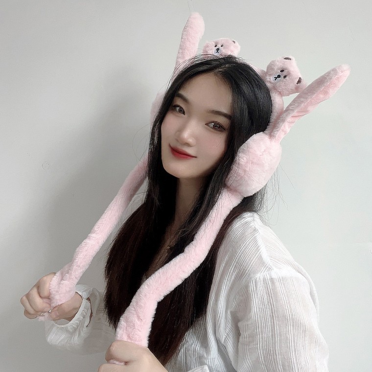 쫑긋 곰돌이 움직이는 겨울 귀마개(핑크) - 메인 이미지
