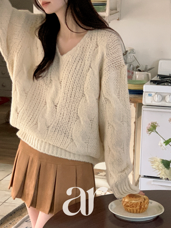 알파카 울 케이블 루즈핏 브이넥 니트 nt5401 - 상세 이미지 4