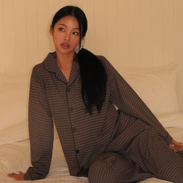 실크핏 더스트 긴팔 카라 커플 잠옷 세트 홈웨어