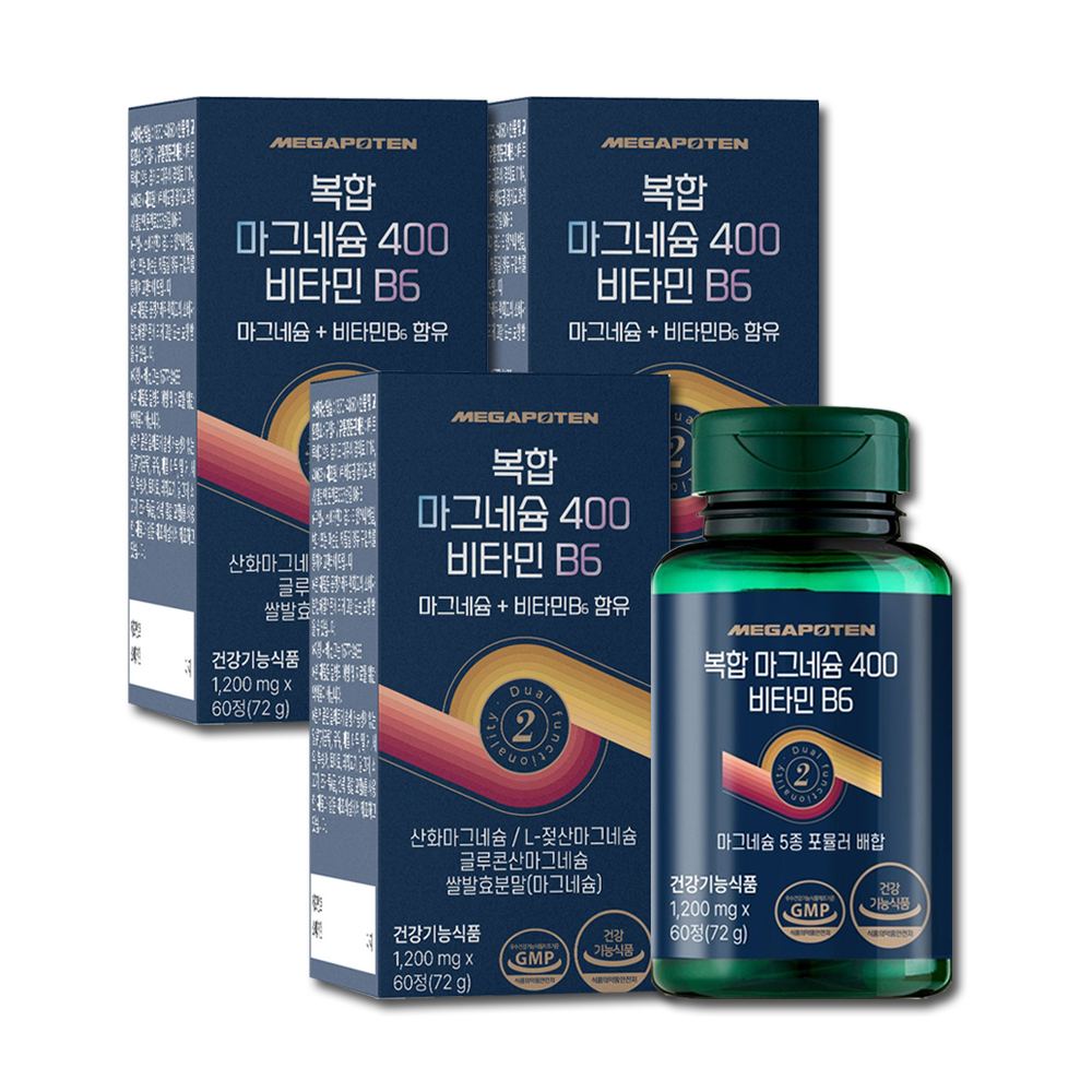 메가포텐 복합 마그네슘 400 비타민B6 산화 쌀 발효 젖산 글루콘산 60정, 3개 - 상품 이미지