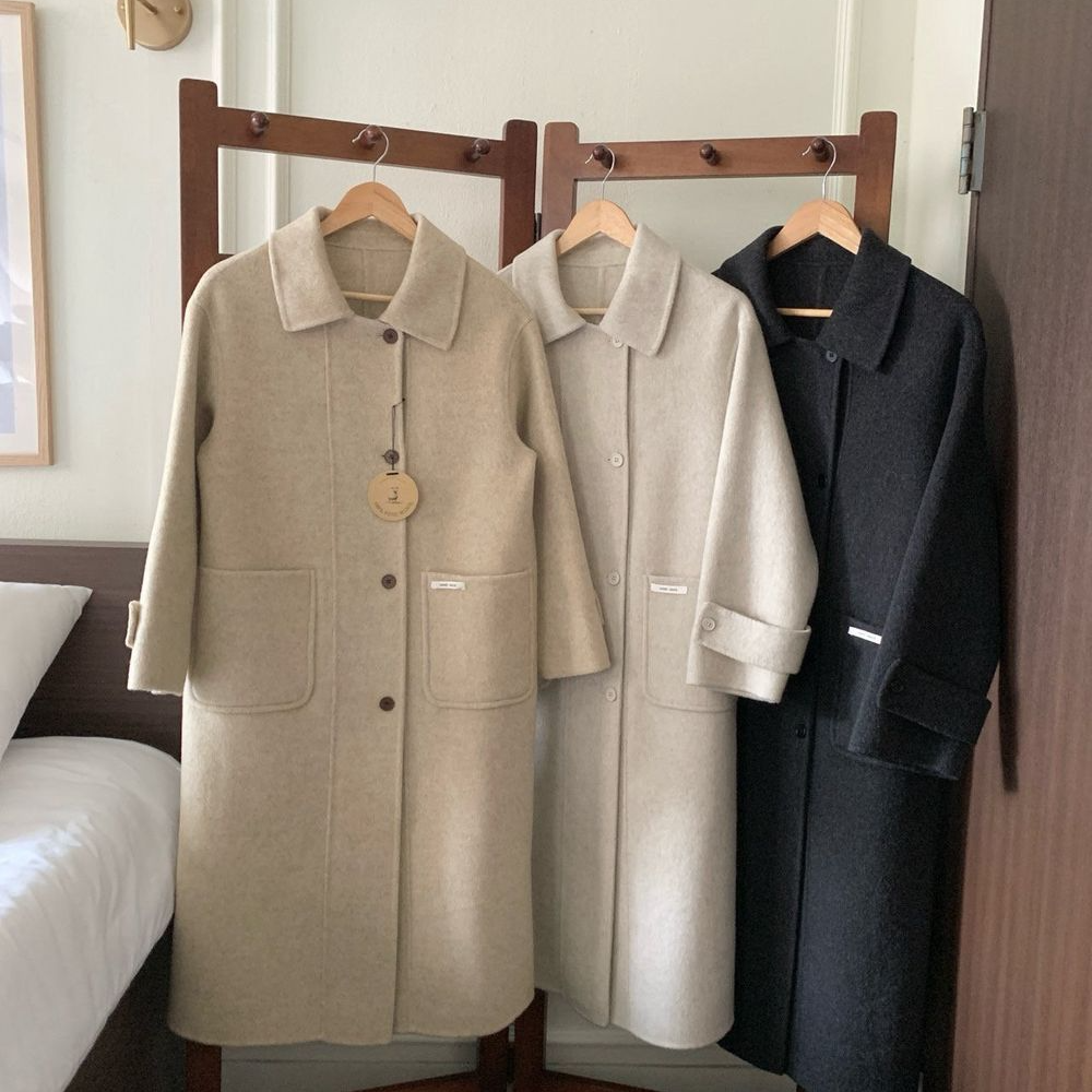카라 빅포켓 울 핸드메이드 롱코트 여성 겨울 싱글코트 - 상세 이미지 3