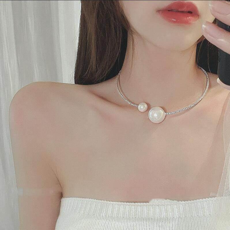 하트 큐빅 오픈형 여성 락스톤 체인 카라멜넥 다이아몬드 사이즈 펄 - 상품 이미지