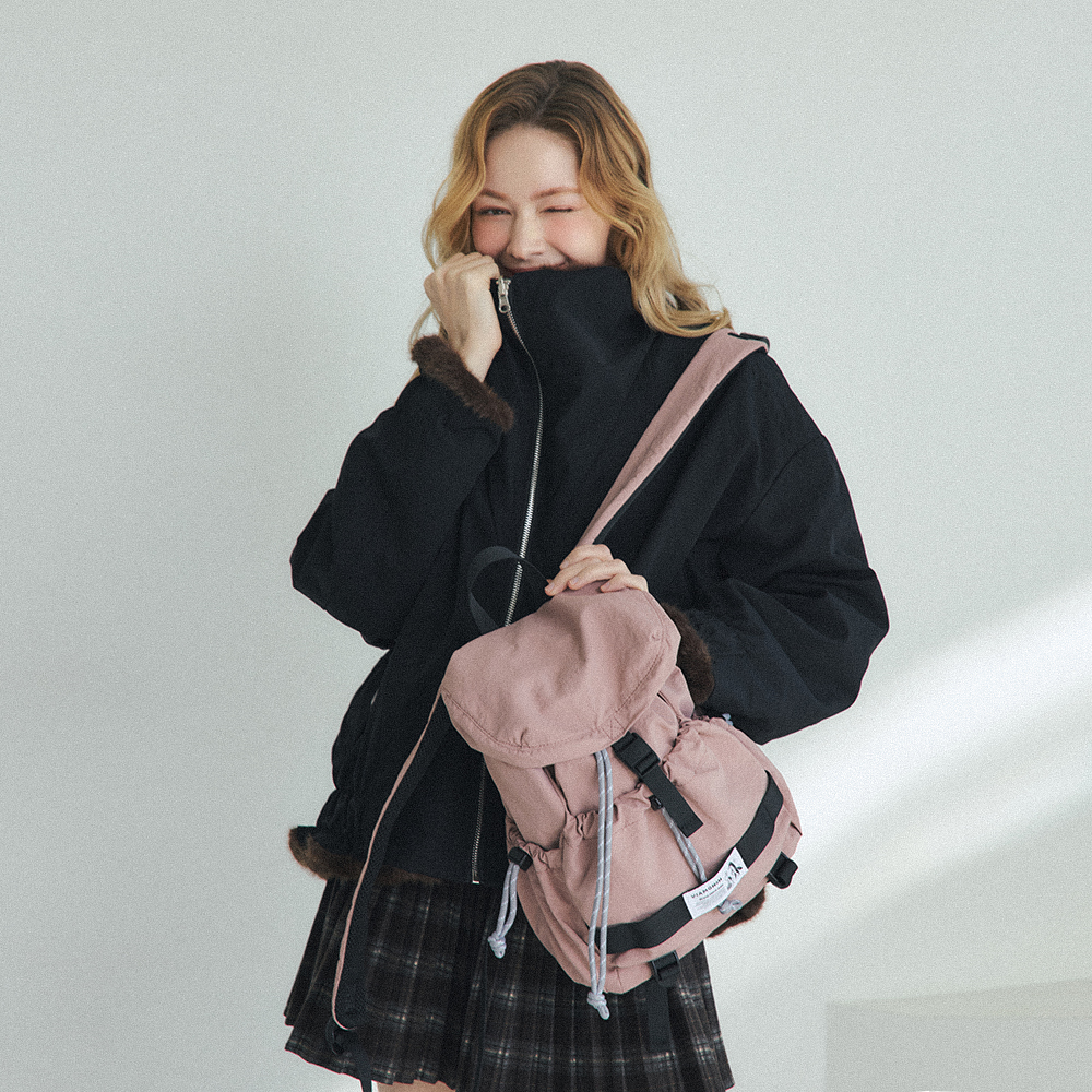 [비아모노] 트루비 스트링 미니 럭색 나일론 하프 백팩 가벼운 경량 데일리 가방 핑크 - 상세 이미지 2