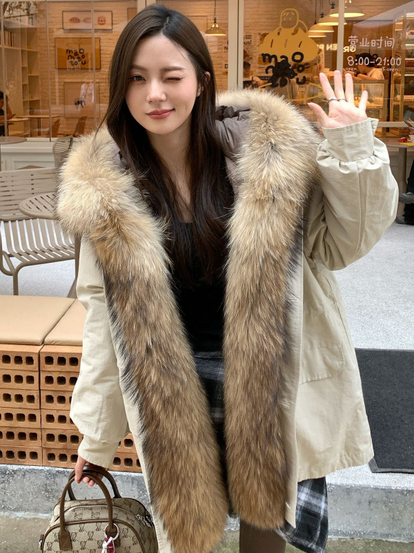 리얼 라쿤퍼 야상 점퍼 사파리 패딩 밍크 모피 코트 - 상품 이미지