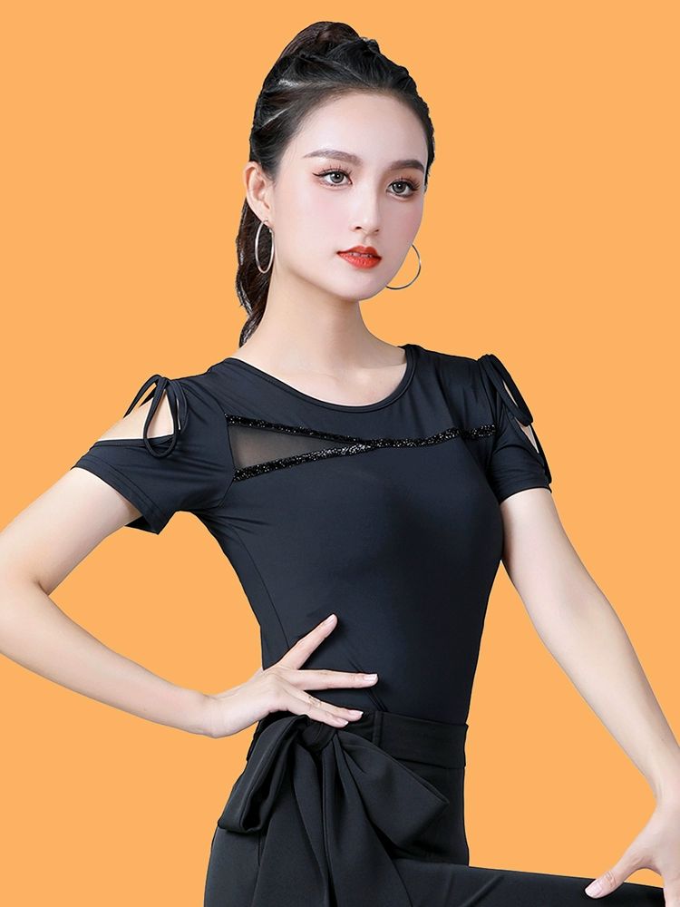 라인댄스상의 복장 여름 운동복 댄스 반팔 라틴 트레이닝 블랙 M - 상품 이미지