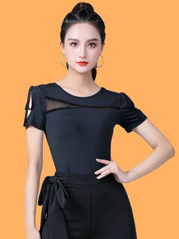 라인댄스상의 복장 여름 운동복 댄스 반팔 라틴 트레이닝 블랙 M - 상세 이미지 4