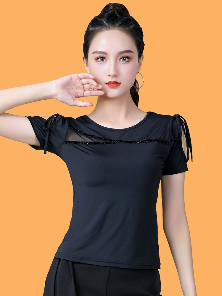라인댄스상의 복장 여름 운동복 댄스 반팔 라틴 트레이닝 블랙 M - 상세 이미지 2