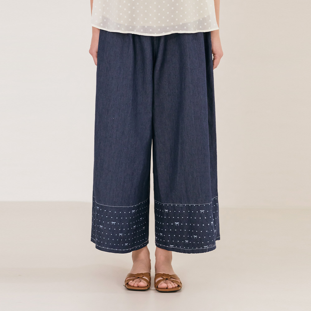 도트리본 배색 와이드 데님팬츠 - 상품 이미지