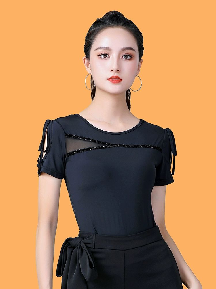 라인댄스상의 복장 여름 운동복 댄스 반팔 라틴 트레이닝 블랙 M - 상세 이미지 3