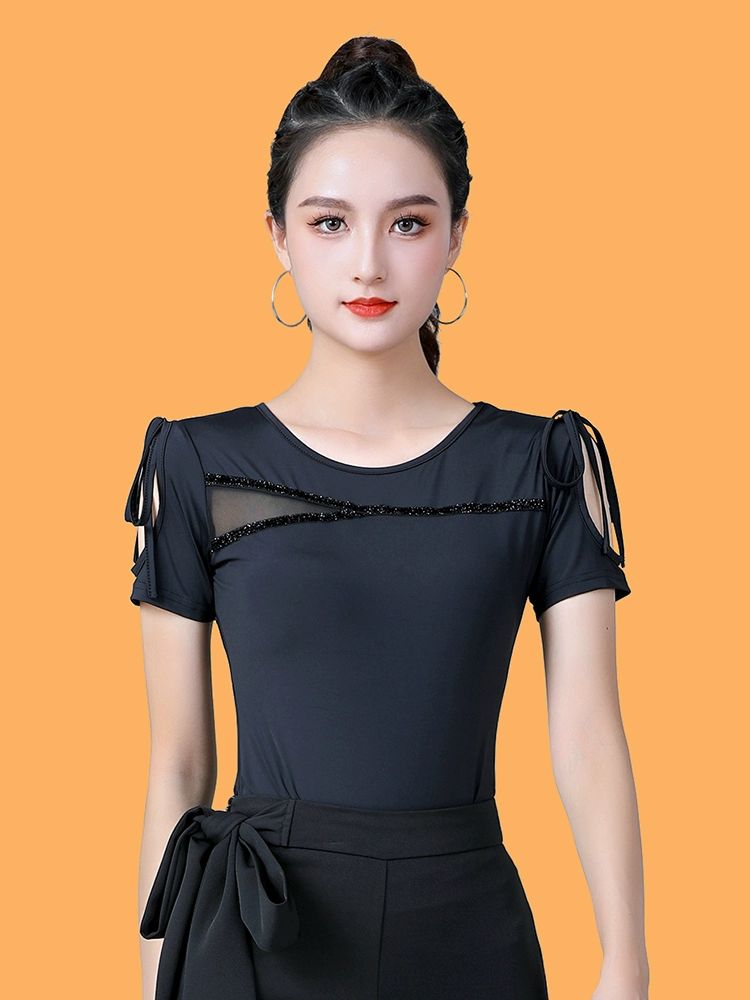 라인댄스상의 복장 여름 운동복 댄스 반팔 라틴 트레이닝 블랙 M - 상세 이미지 5