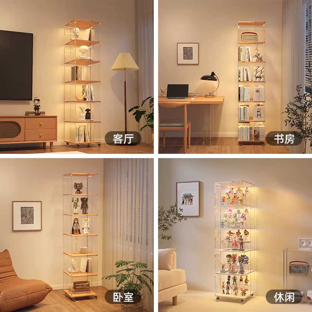아크릴 회전책꽂이 투명 만화책장 이동식 공부방수납 4단 화이트+LED - 상세 이미지 3