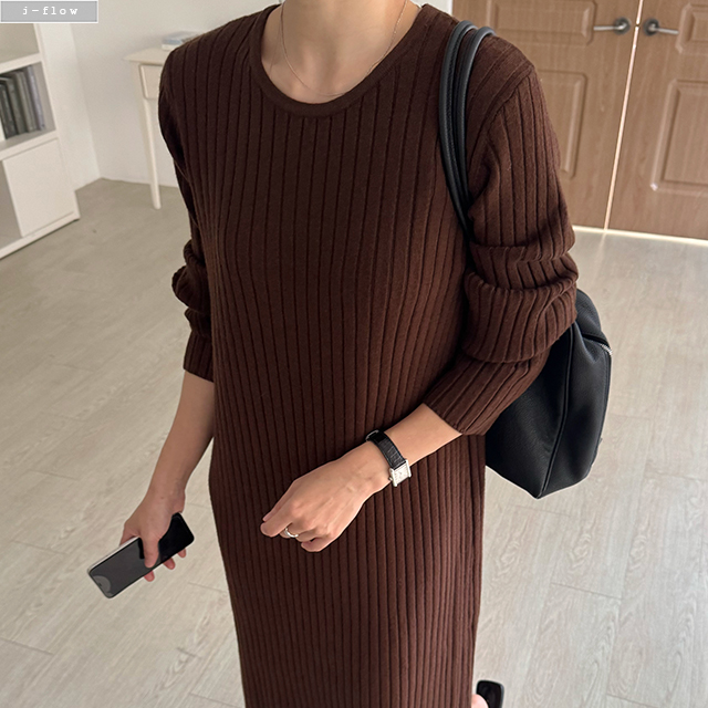 라일드 골지 라운드 허리끈 롱 원피스 3col 겨울 니트 H라인 신축성 모던 제이플로우