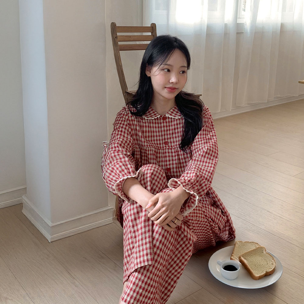 오닝 체크 긴팔 커플파자마 남녀공용 잠옷세트 2color - 상품 이미지