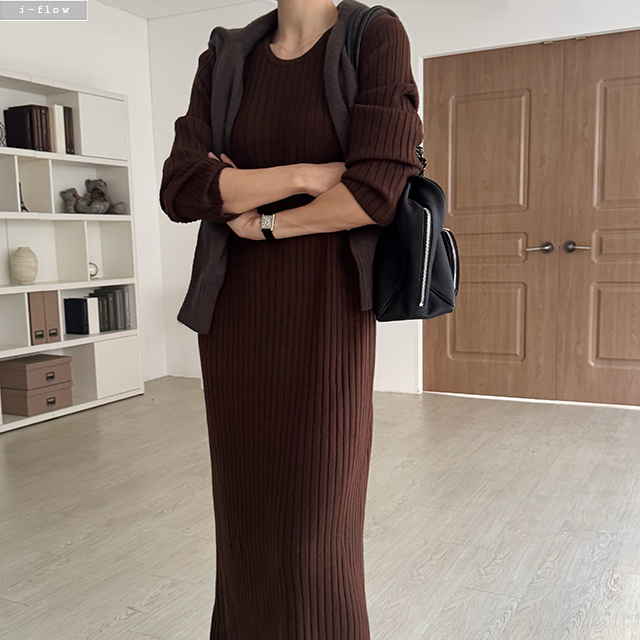 라일드 골지 라운드 허리끈 롱 원피스 3col 겨울 니트 H라인 신축성 모던 제이플로우