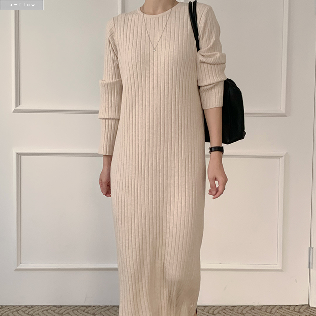 라일드 골지 라운드 허리끈 롱 원피스 3col 겨울 니트 H라인 신축성 모던 제이플로우