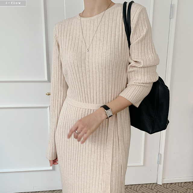 라일드 골지 라운드 허리끈 롱 원피스 3col 겨울 니트 H라인 신축성 모던 제이플로우