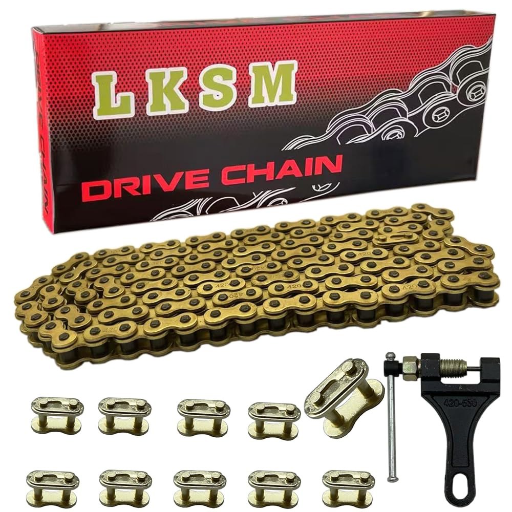 LKSM 420 모터사이클 골드 체인 132 링크 스탠다드 롤러 체인과 브레이커 10 연결 마스터 링크, 100cc 110cc 125cc 더트 피트 바이크 ATV 쿼드 고 카트 - 상품 이미지