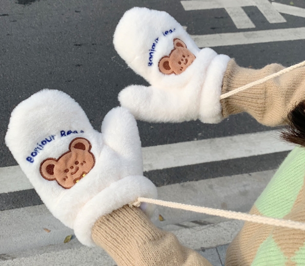 겨울용 곰돌이 자수 벙어리장갑 여성용 안감 기모 따뜻한 장갑 겨울 방한 - 상세 이미지 3