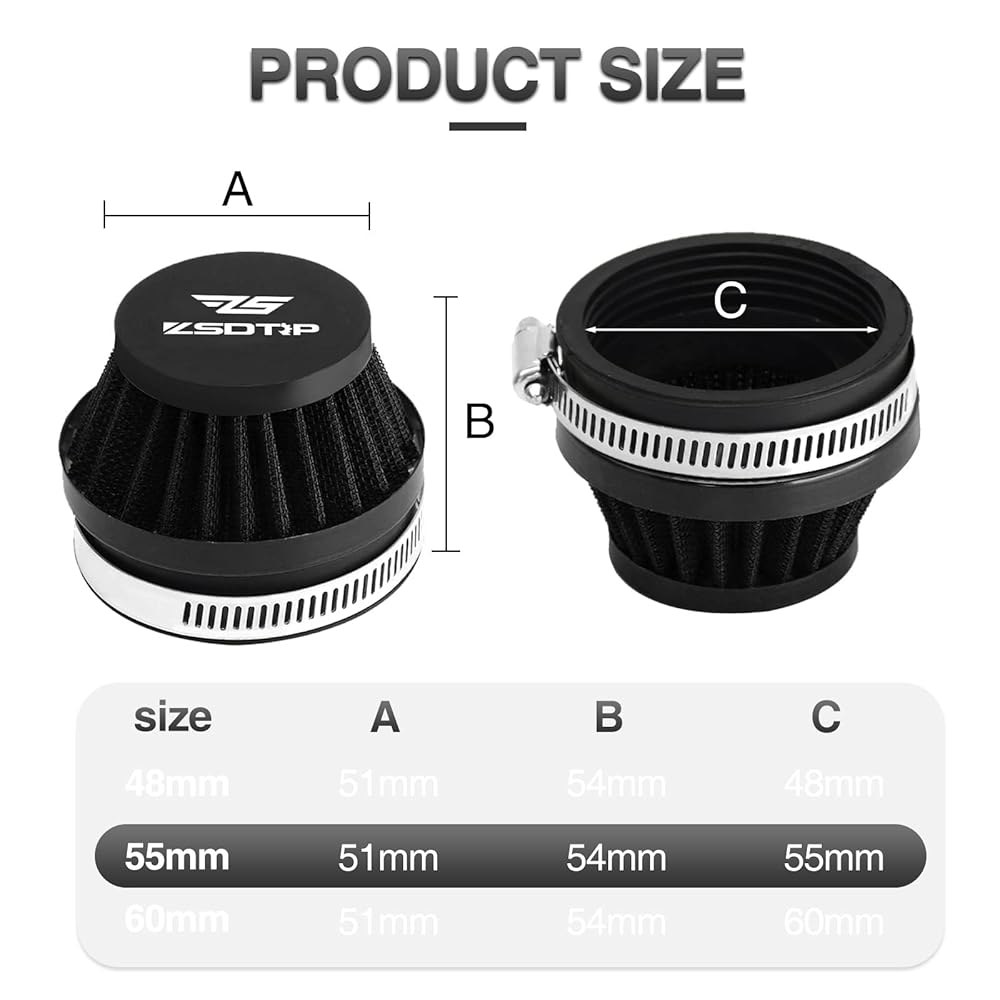 2PCS 모터사이클 55MM 공기 흡입 필터, 먼지 구덩이 ATV SSR TTR 자전거 브리더 필터를 위한 범용 카뷰레터 필터 클리너, 다양한 카뷰레터에 적합 (블랙 55MM) - 상세 이미지 2