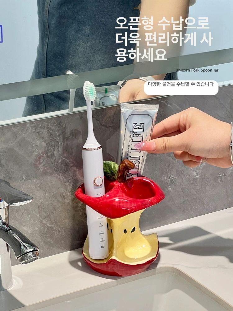 믹 전동 칫솔 보관대 욕실 세면대 칫솔꽂이 정리함 3홀 사과 칫솔꽂이 칫솔컵 - 상세 이미지 5
