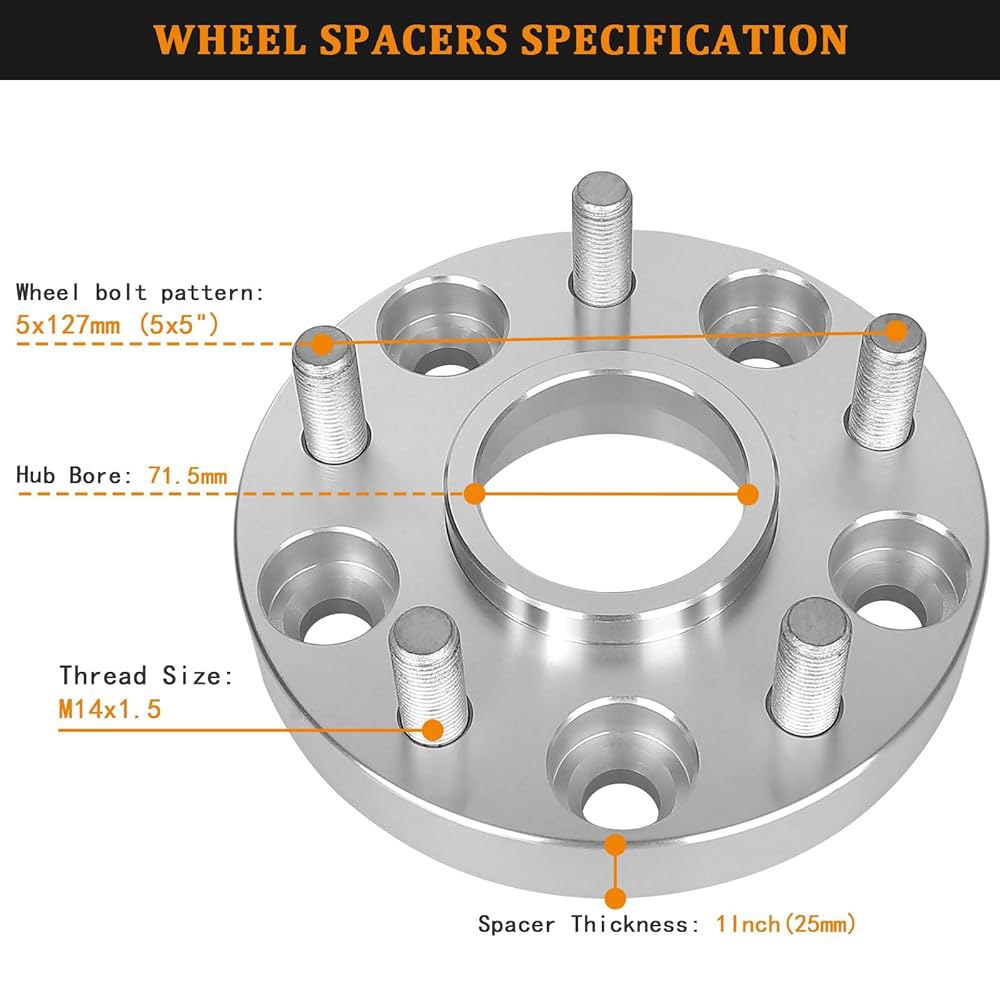 BRTEC 2.5cm(1인치) 5x5 휠 스페이서, M14x1.5 트럭/2018-2011 4개, 체로키와 닷지 2012-2016 보어 센터 5x127 SUV 호환 스터드 그랜드 - 상세 이미지 3