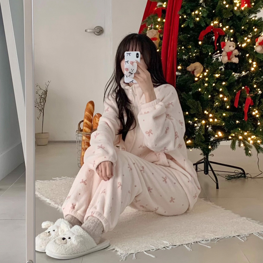 기모잠옷 수면바지 파자마파티 겨울 극세사 리본 비오네 홈웨어 세트 - 상세 이미지 2