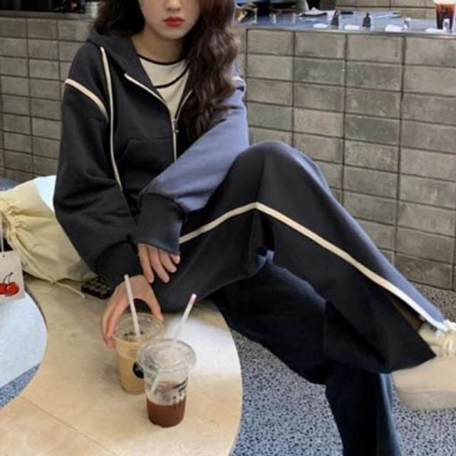 바지 스타일 후드 밑단 셋업 힙스타일 절개 레이어드 - 상품 이미지