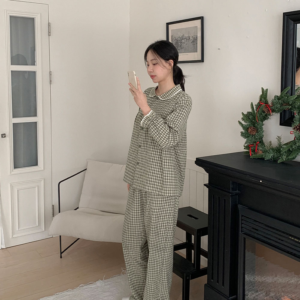 오닝 체크 긴팔 커플파자마 남녀공용 잠옷세트 2color - 상세 이미지 2