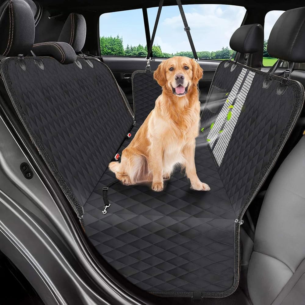 도그 카시트 커버, 600D 내구성이 뛰어난 뒷좌석용 시트 측면 플랩이 있는 차량용 100 방수 스크래치 방지 논슬립 해먹, 안전벨트 블랙이 반려동물 뒷좌석 커버 - 상품 이미지