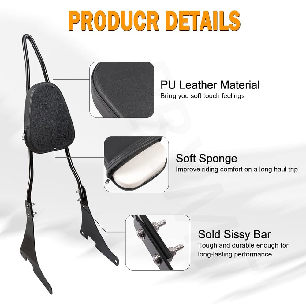 할리 데이비슨 스포츠스터 XL1200 XL883 2004-2024에 호환되는 PBYMT 블랙 탈착식 조수석 시시 바 등받이 패드 - 상세 이미지 3
