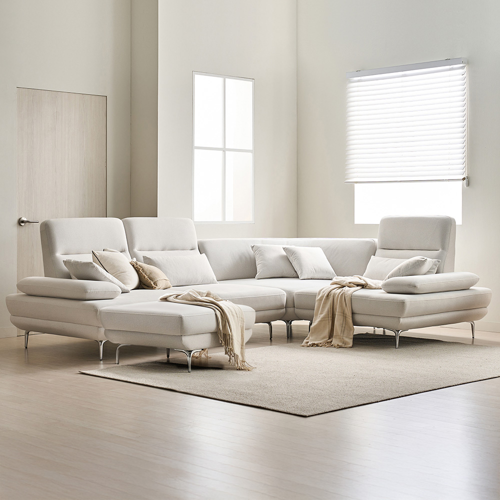 장인가구 도이 기능성 등받이조절 푹신한 스윙소파 프리미엄 스툴포함, 패브릭 아이보리 (코너형), 5인용