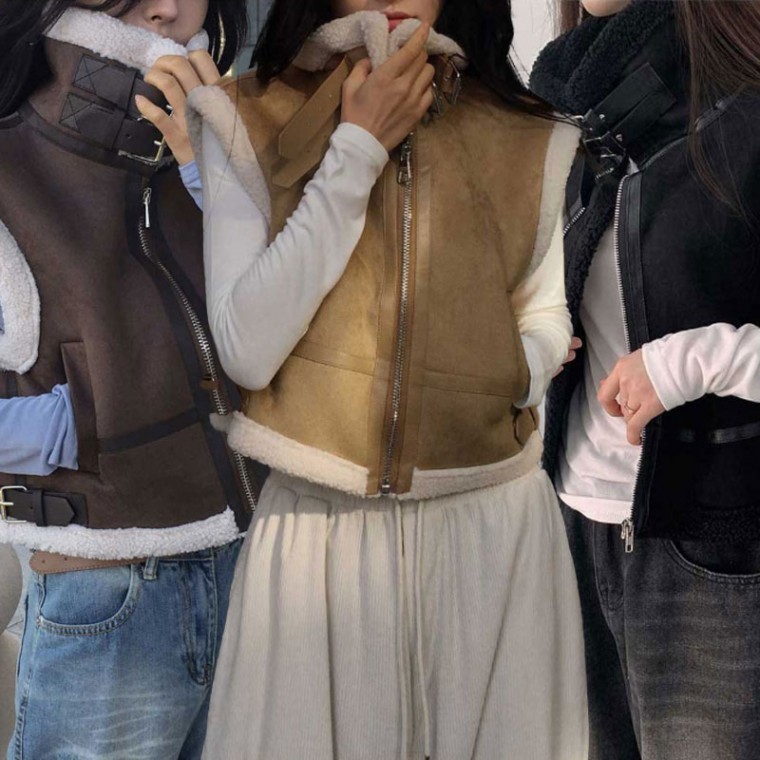 조끼 테두리퍼 보온 무스탕스타일 하이넥 빈티지 버클 - 상품 이미지
