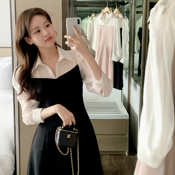 [자체제작] (MADE) NEW버전 아뜰리에 2기장 셔츠 배색 플레어라인 원피스 op15110 제품 이미지