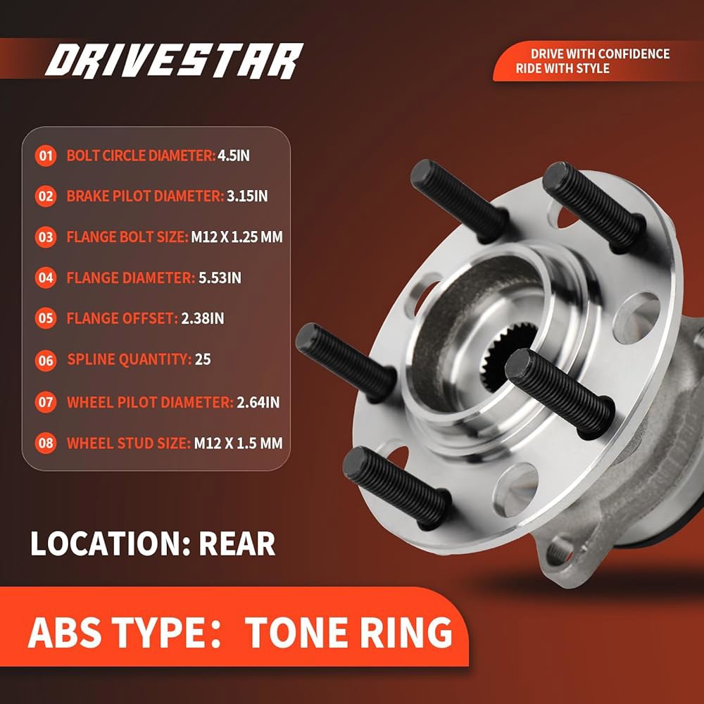 DRIVESTAR 512333 4WD 후면 왼쪽 2007-2017용 오른쪽 베어링 캘리버 컴퍼스/패트리어트 또는 지프 (러그 허브 4X4 휠 및 전용) 2007-08용, 5개, - 상세 이미지 3