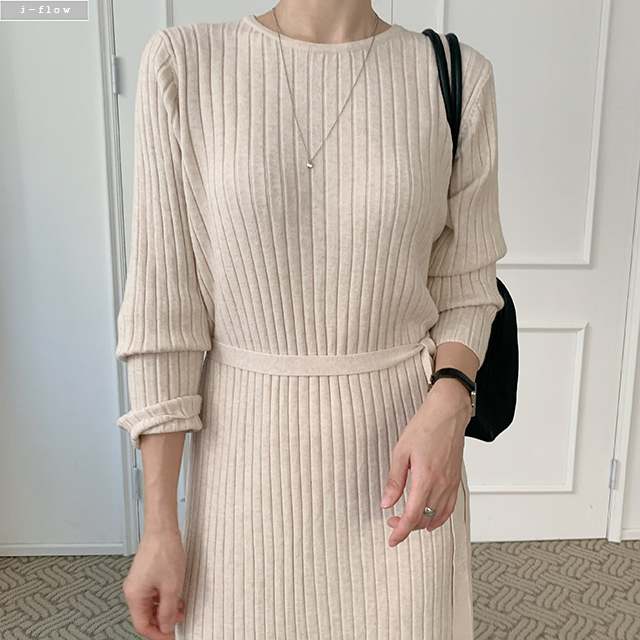 라일드 골지 라운드 허리끈 롱 원피스 3col 겨울 니트 H라인 신축성 모던 제이플로우