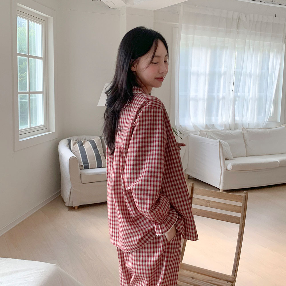 오닝 체크 긴팔 커플파자마 남녀공용 잠옷세트 2color - 상세 이미지 3